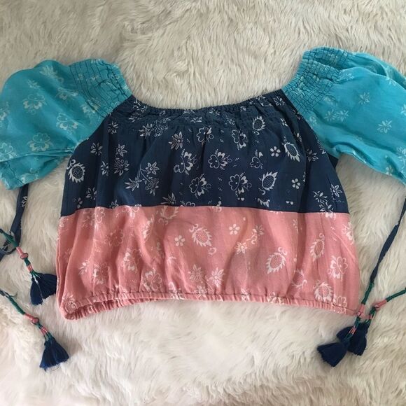 KOPAL Off The Shoulder Crop Top Cotton Short Sleeve Anthro Blue Pink Small New - Picture 7 of 11